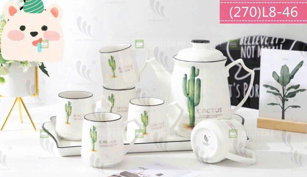 Bộ ấm chén trà cao cấp họa tiết xương rồng in logo
