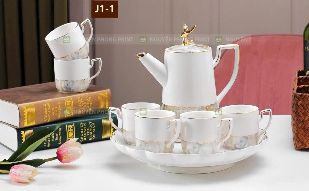 Mẫu bình chén trà sứ cao cấp in logo sang-đẹp được yêu thích tại Gia Lai